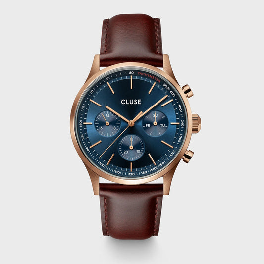 Montre CLUSE Anthéor Multifonction Rosedoré Bleu Cuir Marron - Cluse - Bijouterie TAMARA