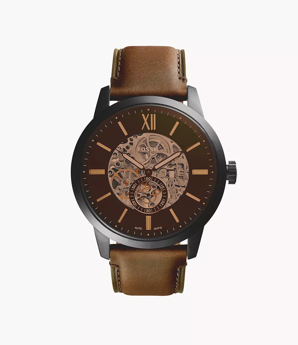 Montre FOSSIL Townsman automatique noire cuir marron - Fossil - Bijouterie TAMARA