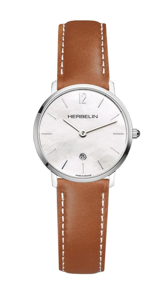 Montre HERBELIN City Nacre blanche cuir marron - Michel Herbelin - Bijouterie TAMARA