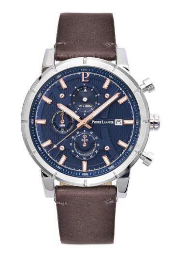 Montre Pierre Lannier Criterium Chrono Bleu cuir marron - Pierre Lannier - Bijouterie TAMARA