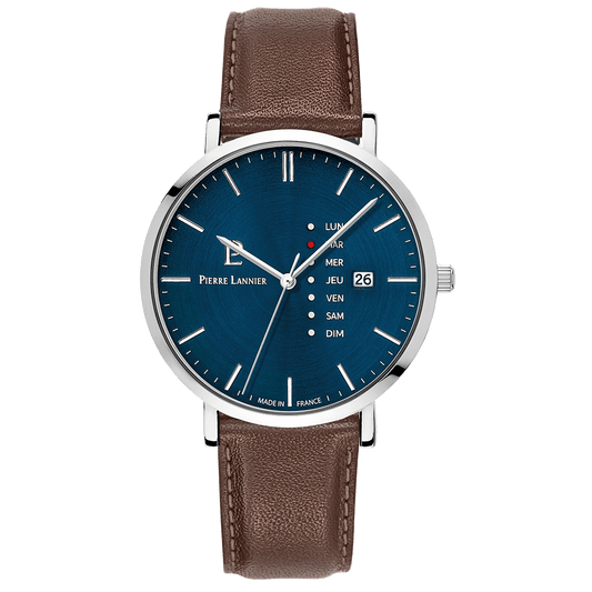 Montre Pierre Lannier DATA Cuir Marron Cadran Bleu - Pierre Lannier - Bijouterie TAMARA