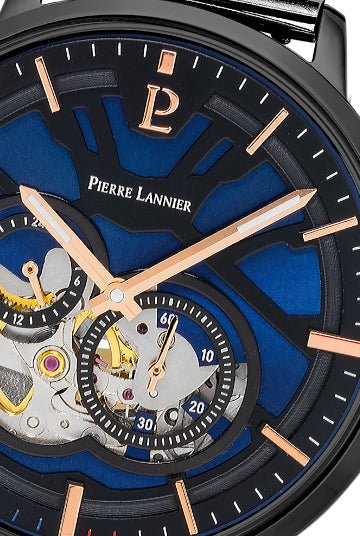 Montre Pierre Lannier Trio Automatique Acier noir cadran bleu - Pierre Lannier - Bijouterie TAMARA