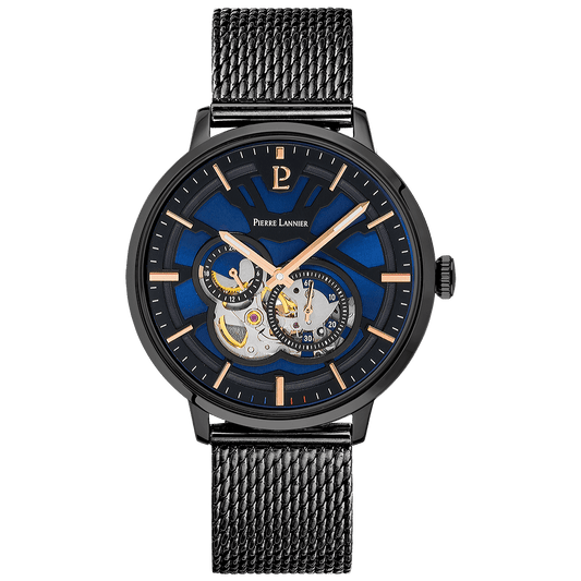 Montre Pierre Lannier TRIO automatique Maille milanaise Noir Cadran Bleu - Pierre Lannier - Bijouterie TAMARA